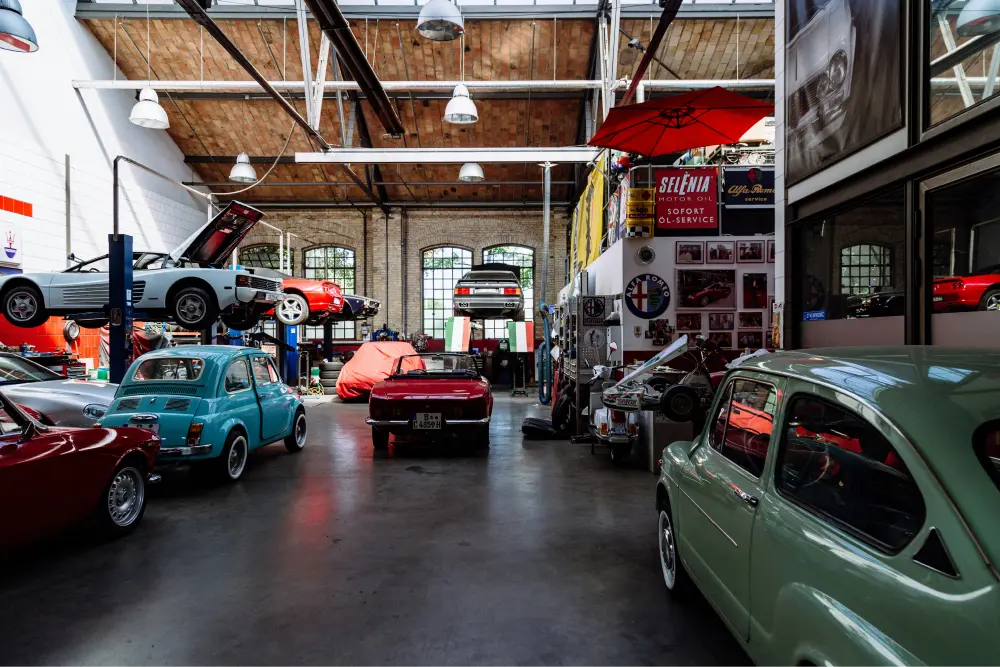 garage filled with classic cars